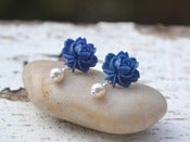 Image of Navy Blue Flower and White Pearl Stud Earrings - EFS004
