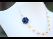 Image of Precious Navy Blue Rose Asymmetrical Necklace with Gold Swarovski Pearls - NA013