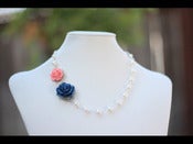 Image of Large Navy Blue & Light Coral Pink Rose Asymmetrical Necklace w/ White Swarovski Pearls - NA016