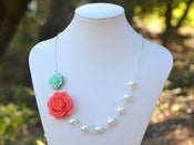 Image of Coral Rose and Minty Aqua Rose Asymmetrical Necklace w/ White Swarovski Pearls - NA017