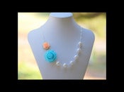 Image of Blue Rose and Peach Asymmetrical Necklace with Large White Swarovski Pearls - NA018