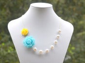 Image of Blue Rose and Yellow Rose Asymmetrical Necklace with Large White Swarovski Pearls - NA019