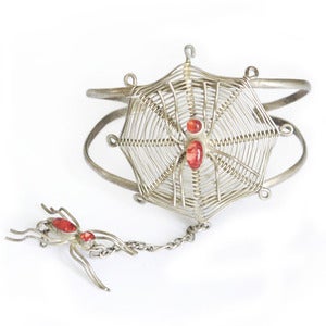 Image of Vintage Victorian Style Silver Opalescent Gilt Spider Web Bangle 