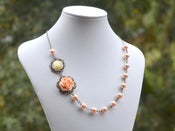 Image of Romantic Asymmetrical Peach Rose and Ivory Rose Necklace with Peach Swarovski Pearls - NA024