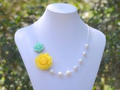 Image of Yellow and Minty Aqua Rose White Pearl Asymmetrical Chunky Statement Necklace - NA025