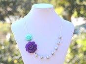 Image of Purple Rose and Minty Aqua Rose Asymmetrical Necklace with Dark Grey Swarovski Pearls - NA027