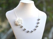 Image of White Rose and Swarovski Grey Pearl Necklace Asymmetrical Necklace - NA030