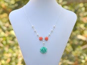 Image of Dainty Tiffany Blue Turquoise and Coral Rose Necklace with White Swarovski Pearls - NC009