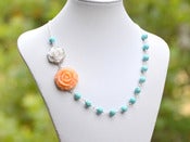 Image of Peach and White Roses in Turquoise Beaded Asymmetrical Statement Necklace - NA033
