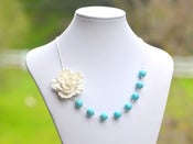 Image of Large White Sakura Flower and Turquoise Beaded Chunky Asymmetrical Statement Necklace - NA034