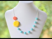Image of Yellow Rose and Coral Daisy Flower in Turquoise Chunky Asymmetrical Statement Necklace - NA042