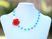 Image of Bright Red Rose and White Rose Asymmetrical Necklace with Turquoise Swarovski Pearls - NA046