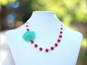 Image of Unique Turquoise Rose and Coral Red Swarovski Pearl Asymmetrical Necklace - NA047