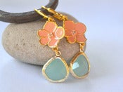Image of Coral Orange Flower and Aqua Teardrop Dangle Earrings in Gold - EFA025