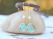 Image of Aqua Teardrop and White Swarovski Pearl Dangle Earrings in Gold - EFA021