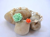 Image of Tiffany Blue Minty Aqua Rose and Coral Rose and White Swarovski Pearl Asymmetrical Bracelet - BF004