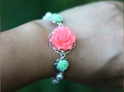 Image of Cantaloupe Pink and Pastel Green Roses with White Swarovski Pearls Bracelet - BF008