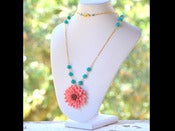 Image of Opera Length Bright Coral Flower Necklace with Teal Jade in Gold - NF002