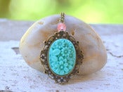 Image of Vintage Style Turquoise Floral Cameo Necklace with Cherry Quartz in Antique Brass - NF005