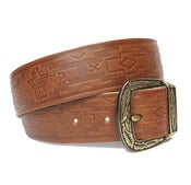 Image of Tan leather belt with Aztec Phoenix embossing : 38mm wide