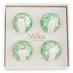 Image of Four Teal Foil Ornaments <br> in a White Gift Box