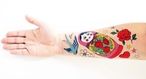 Image of **NEW** Rosie Wonders Temporary Tattoos Russian Doll (girls) or Dinosaur (boys) designs.
