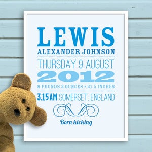 Image of Custom Baby Birth Print (blue, pink, green, lavender, orange) - 20x25cm 