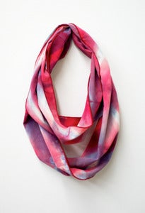 Image of pink/blue grey chevron shibori cowl