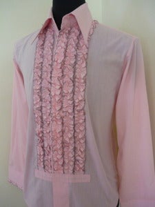 Image of 70s pink ruffled bib tuxedo shirt
