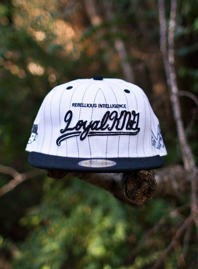 Image of Loyal K.N.G. Cursive Script White/Black Stripes Snapback Cap #03