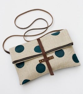 Image of foldover crossbody bag with hand cut leather polka dots (peacock)