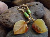 Image of Rustic Leaf Dangle Earrings | Handcarved Carnelian Leaves, Emerald Canyon Turquoise