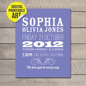 Image of Custom Baby Birth Printable JPEG (choice of 20 colours) - 20x25cm