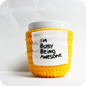 Image of Funny coffee mug Being Awesome yellow black crochet handmade
