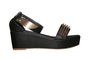 Image of Black Metallic Silver Rose Gold Spike Spiky Stud Studded Mirror Peep Toe Sandal Wedges