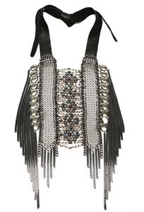 Image of Stone Rose leather, silver-tone chainmaille, garnet, pyrite and labradorite chest plate + colors