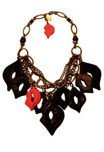 Image of Lipstick Kisses black and hot pink leather, with garnet, crystal and brass necklace