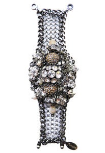 Image of Flower Bomb tonal silver chainmaille, crystal and mother of pearl bracelet
