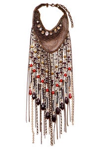 Image of Duquette antique brass toned, crystal, Swarovski crystal, garnet, agate and quartz fringed necklace