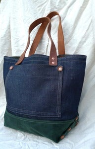 Image of selvedge denim tote with waxed cotton base