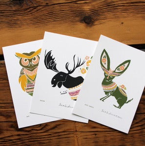 Image of Owl, Moose, Jack Rabbit Print Set
