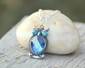 Image of Owl Necklace with Sapphire and Teal Crystals. Owl Charm Necklace in Silver.