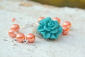 Image of Chunky Teal Rose and Coral Orange Glass Pearl Bracelet