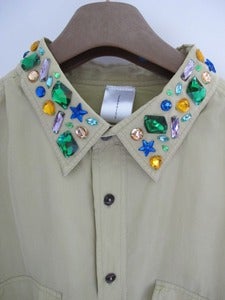 Image of Bespoke Vintage Green Silk shirt with Jewelled Collar