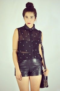 Image of Cross Leather Collar Button Up -  Black (WAS $38)