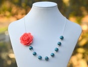 Image of Coral Rose Asymmetrical Teal Glass Pearl Necklace. Statement Bridesmaid Necklace.