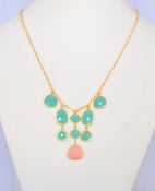 Image of Bib Necklace with Coral Pink Rose Aventurine Teardrop and Turquoise in Gold