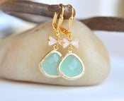 Image of Sweet Pink Bow and Aqua Teardrop Dangle Earrings in Gold