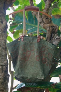 Image of vintage french linen canvas large beach market tote bag - sun flower