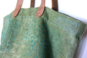 Image of vintage french linen canvas large beach market tote bag - blue reef
